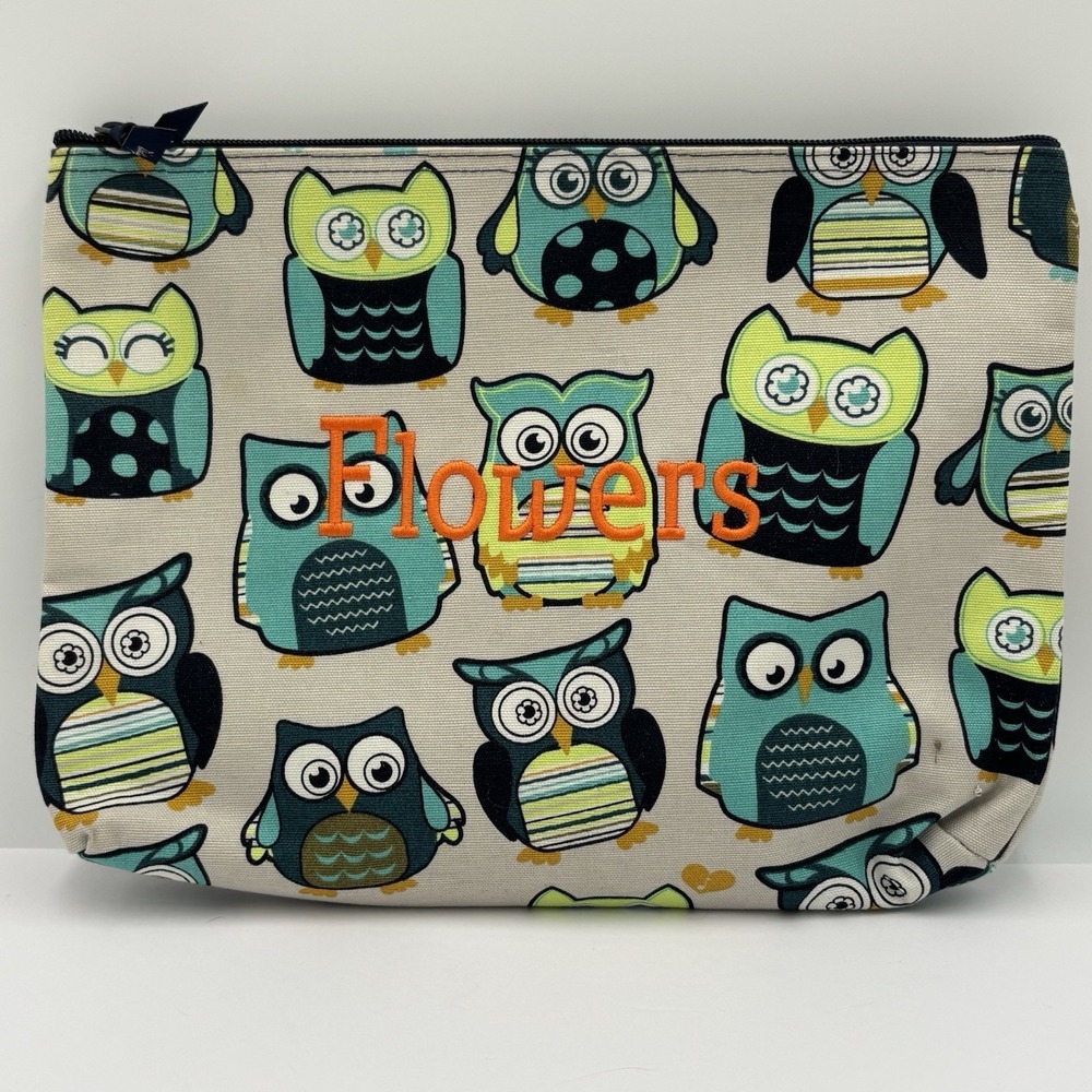Thirty‎ One Oversized Owl Zipper Pouch 12" Makeup Travel Art Bag Pouch "Flowers"